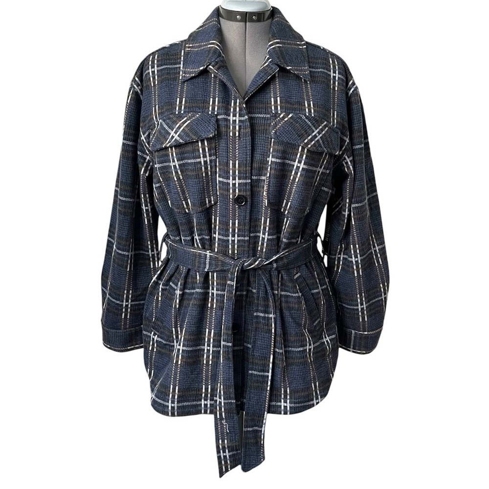Liverpool plaid knit Belted Jacket L